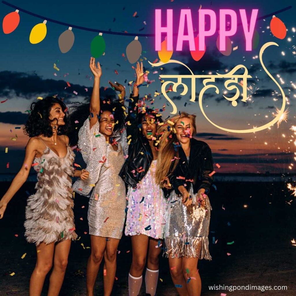 Four girls wish a happy Lohri celebration in the evening near the beach. Happy Lohri images