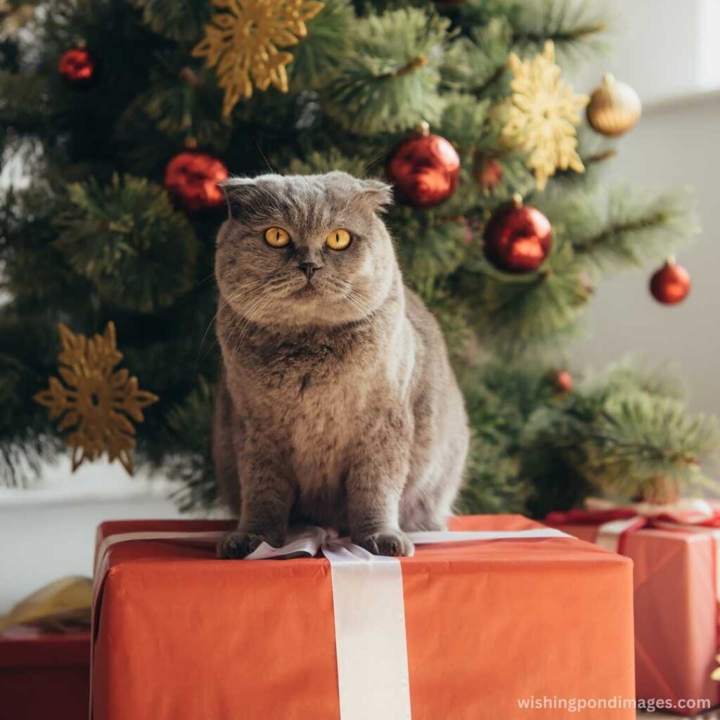 Grey cat sitting on the gift boxed near Christmas tree - Nature Images