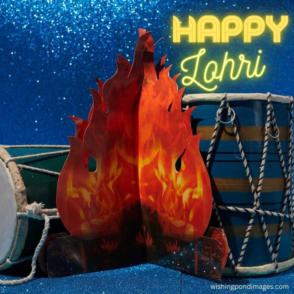 Happy Lohri celebrations with a two double-sided Indian drums and wooden fire - Happy Lohri Images