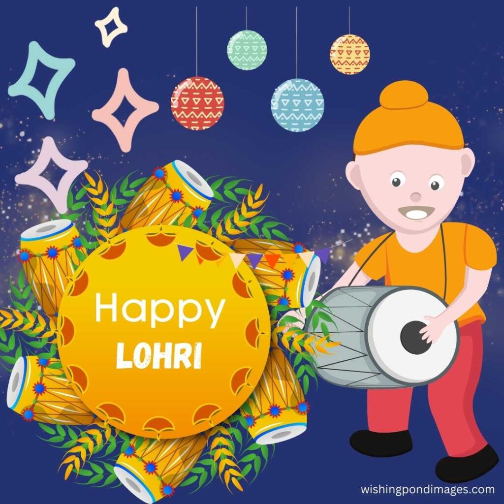 Lohri celebration with a boy playing dhol and light blue background - Happy Lohri Images