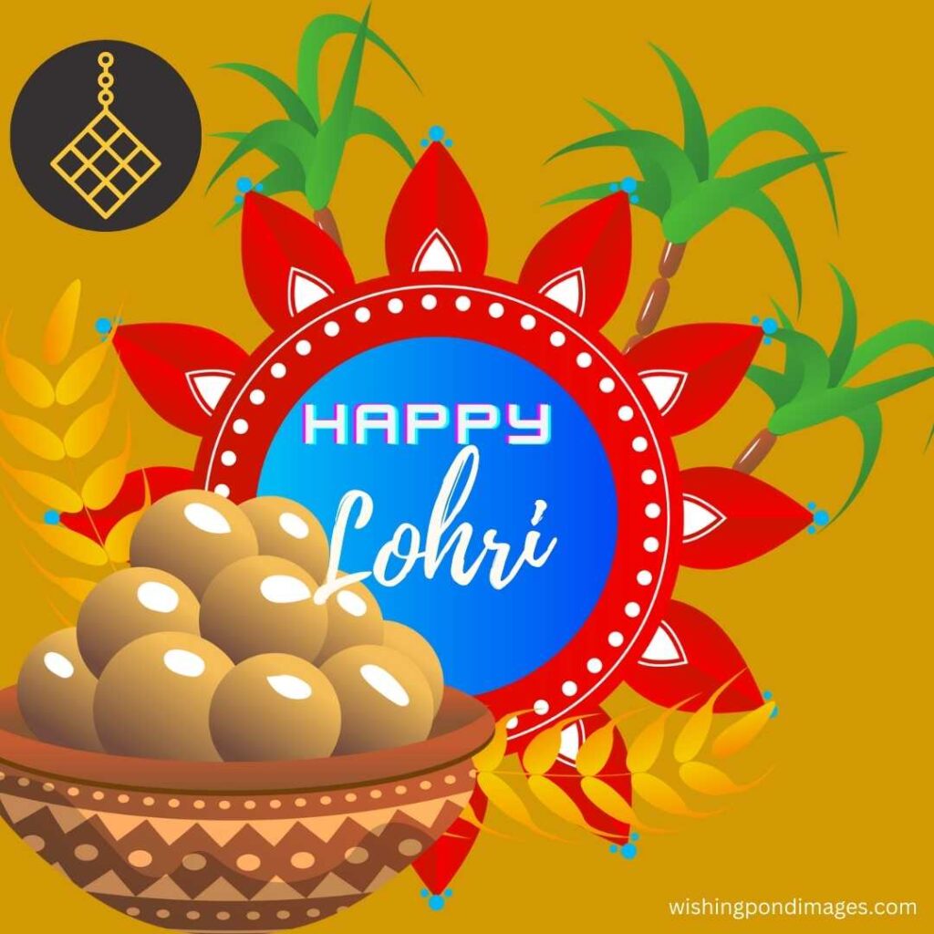 Lohri celebrations with laddo sweets and yellow background decorations - Happy Lohri Images