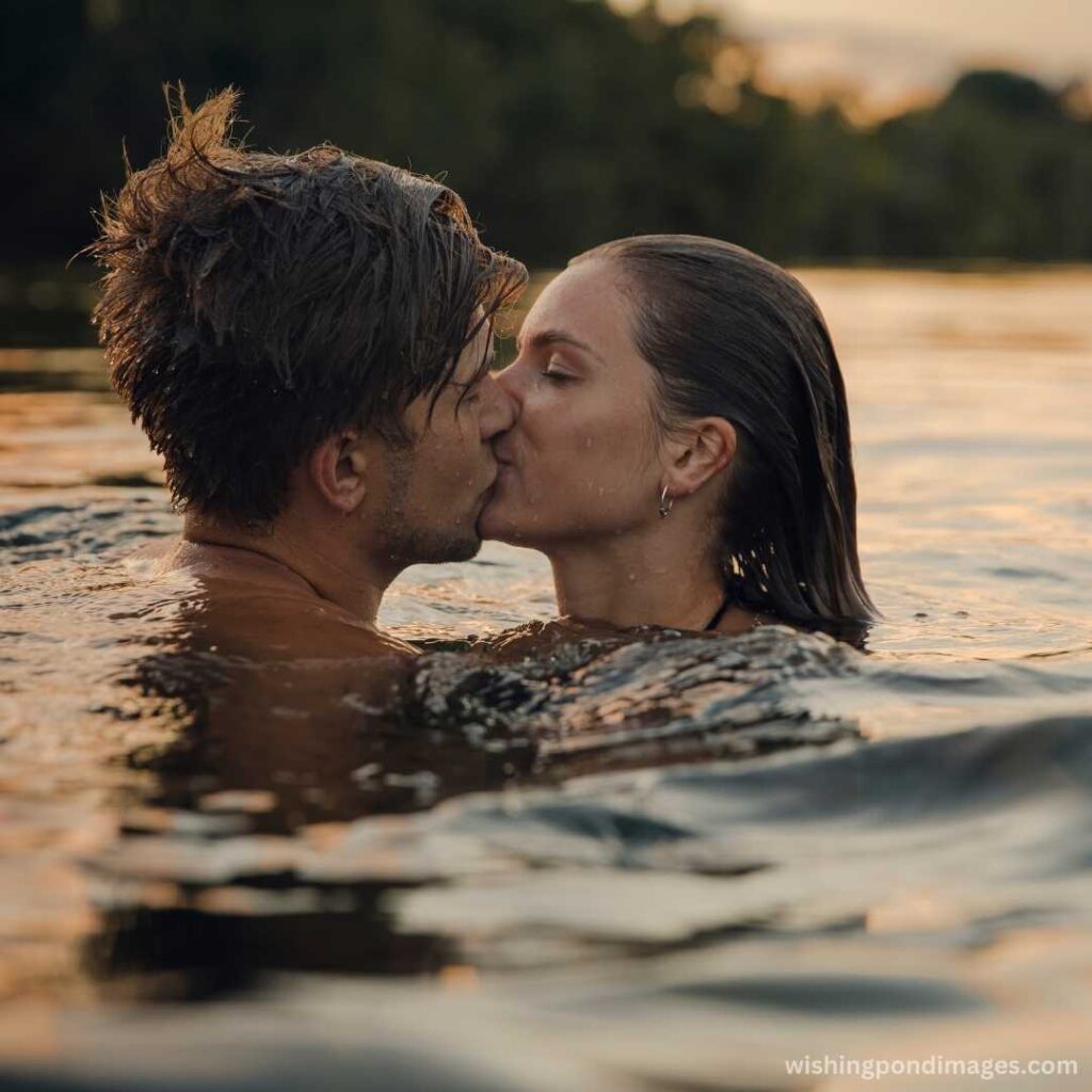 Young couple swimming and kissing at sunset - Nature Images