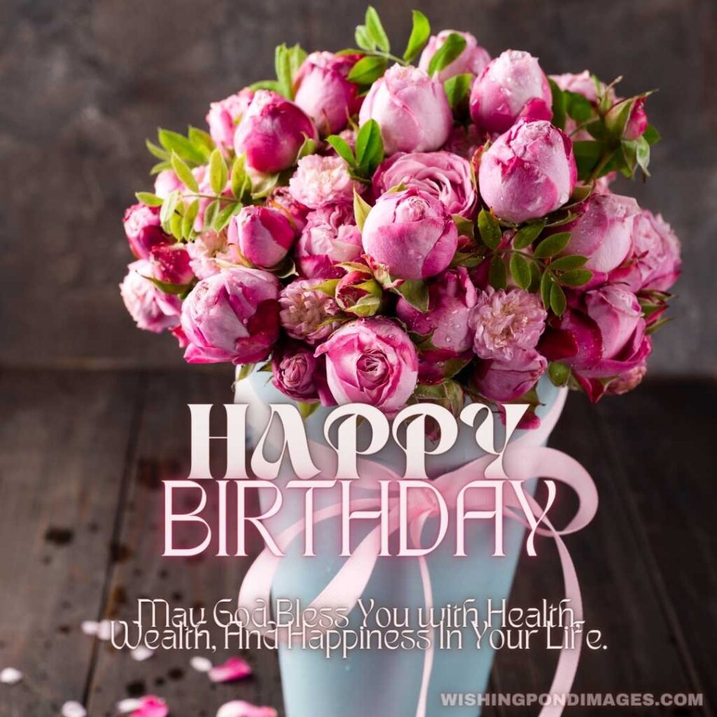 Big bouquet of roses in blue box on a wooden background - Happy Birthday Flower Images