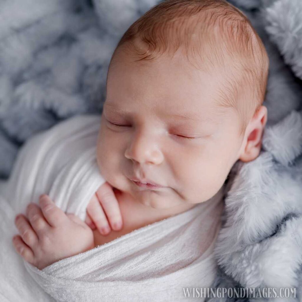 Cute newborn baby boy swaddled in grey fabric sleeping on fur blanket. Newborn baby images (2)