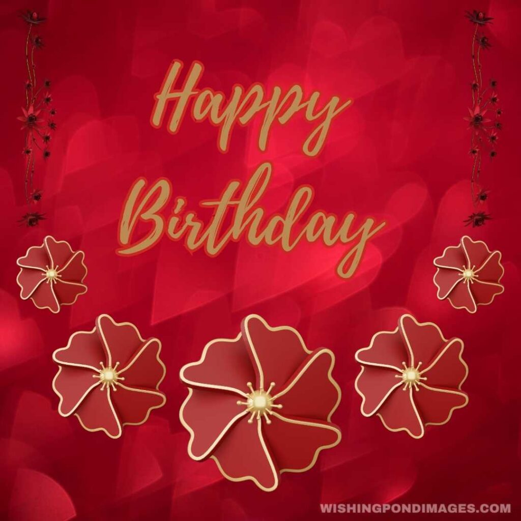 Red colorful 3d flowers on red shiny background. Happy birthday flowers images