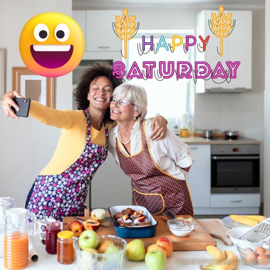 A mom and her daughter in Apron taking selfie - Good morning happy saturday