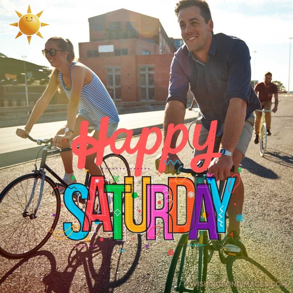Young adults cycling through the city on a warm summer day - Good morning happy Saturday