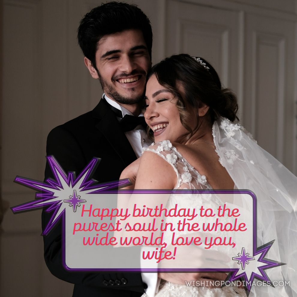 A young couple in wedding dress smiling together. Happy birthday wife image.