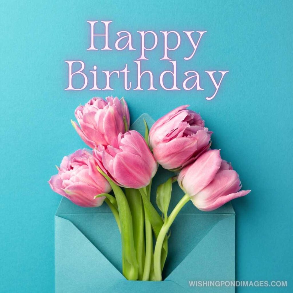 Five pink tulips turquoise envelope on turquoise background. Happy birthday tulips flowers images