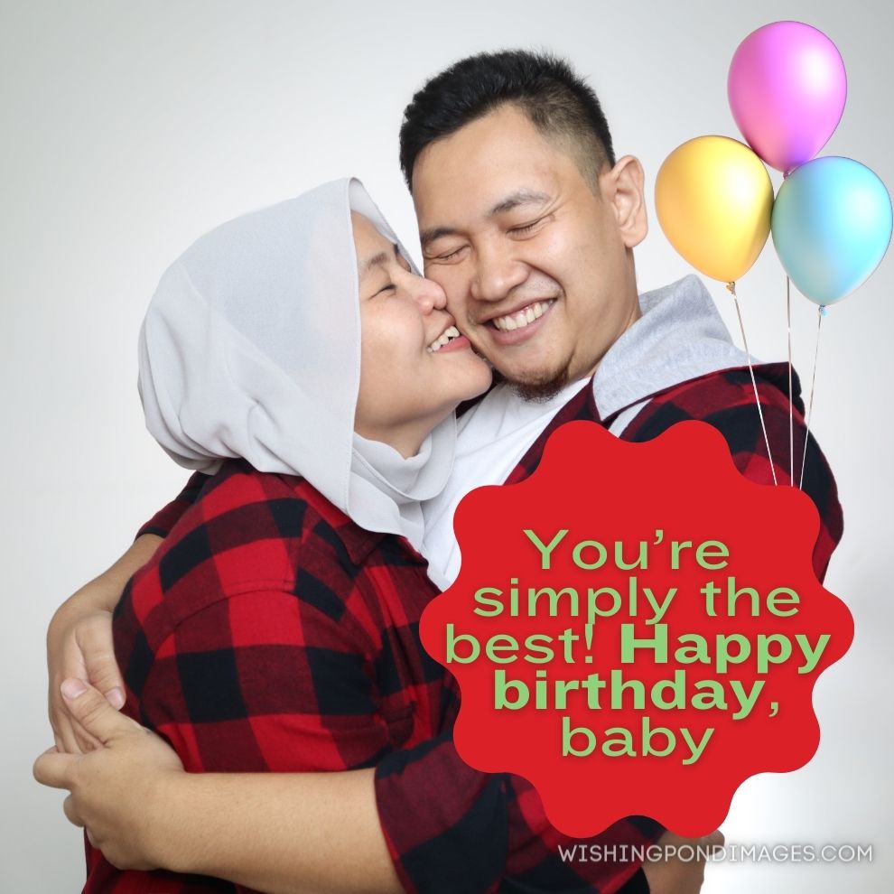 Happy Asian muslim couple smiling, husband and wife hugging and kissing full of love. Happy birthday wife images.