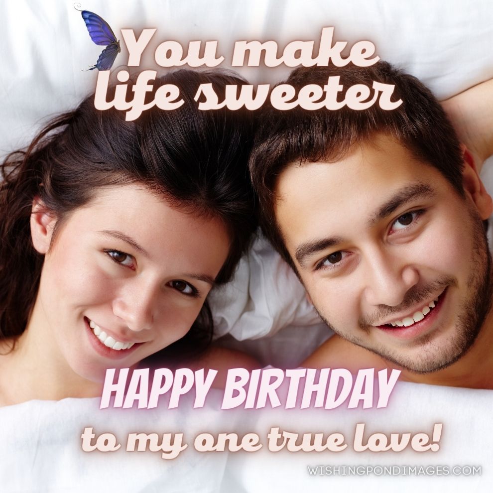 Happy young couple lying in bed and looking at camera. Happy birthday wife images.