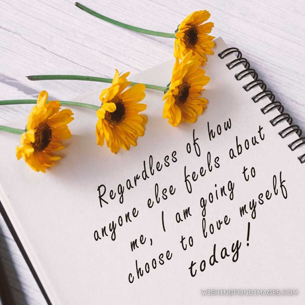 Motivational quote on note book with sunflowers wooden desk - Regardless of how anyone else feels about me, I am going to choose to love myself today! Inspirational quote images