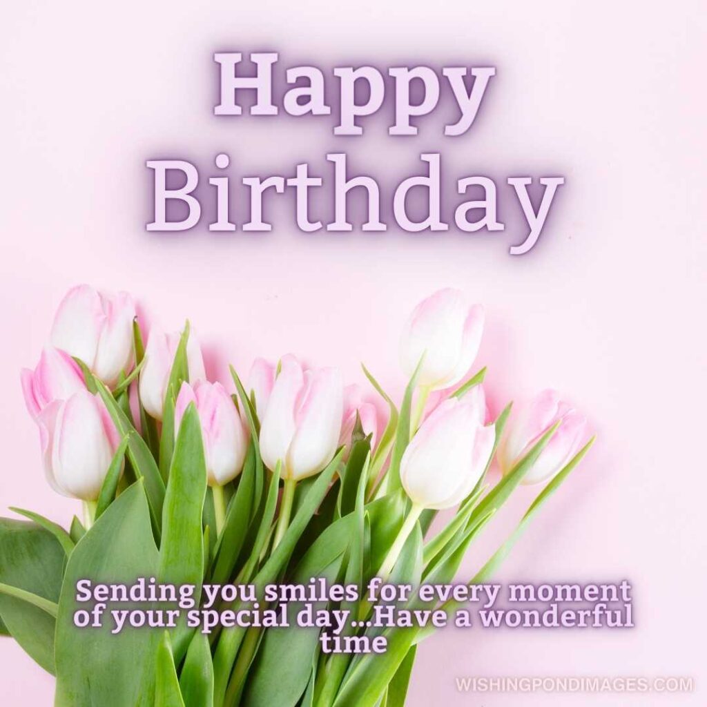 Pink tulips flowers on pink background. Happy birthday tulips flowers images