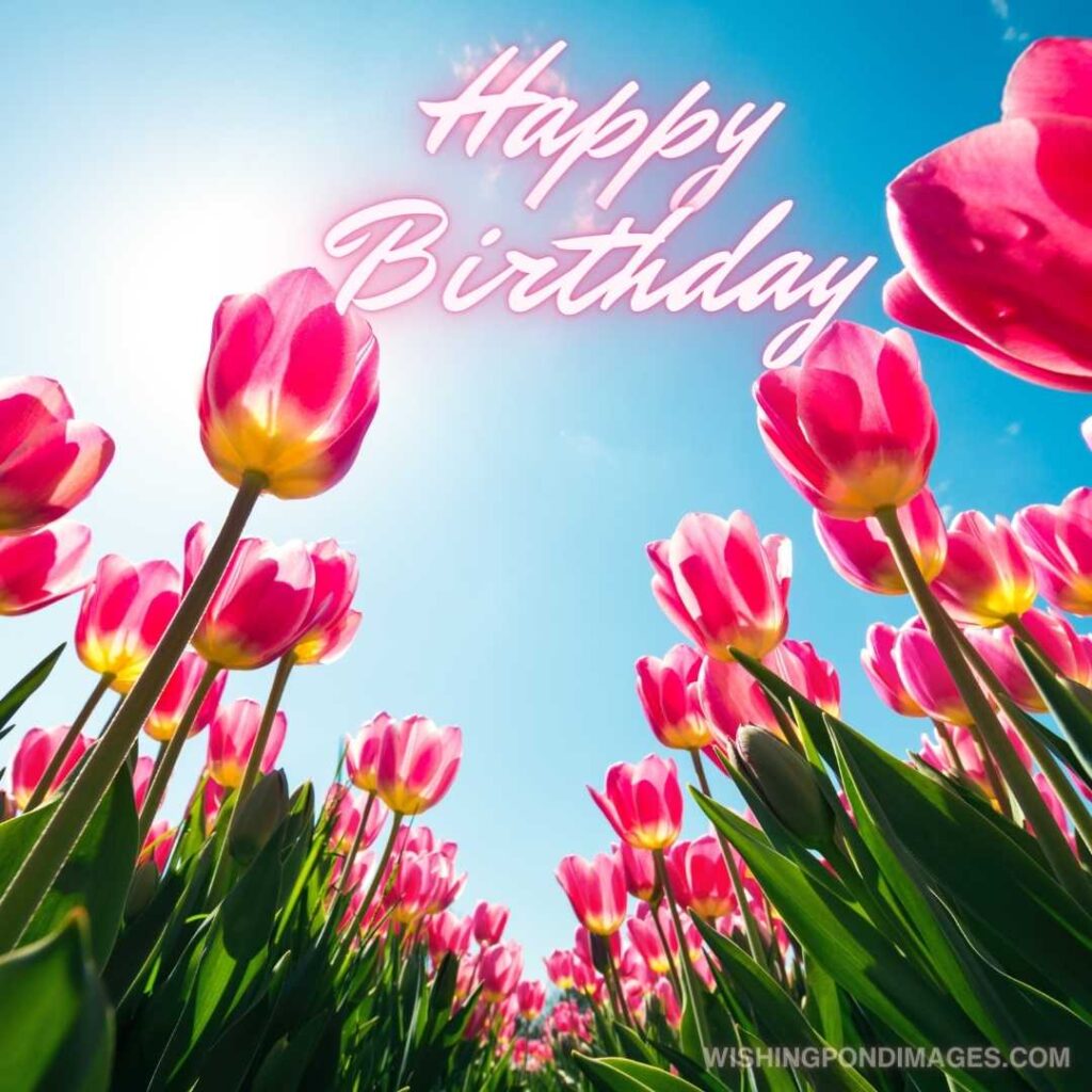 Pink tulips on a sunny spring day. Happy birthday tulips flowers images