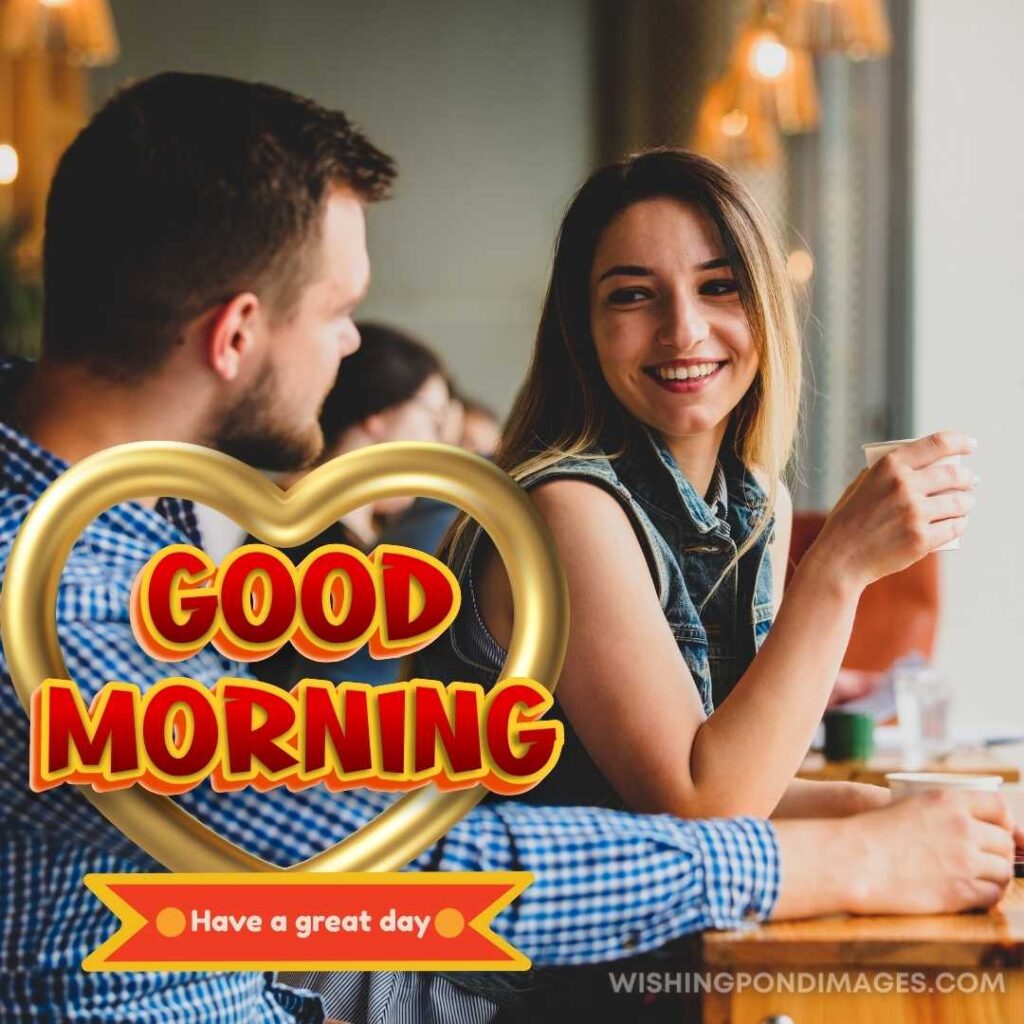 Young couple sitting at a table in a cafe and drinking coffee. Good Morning Coffee Images