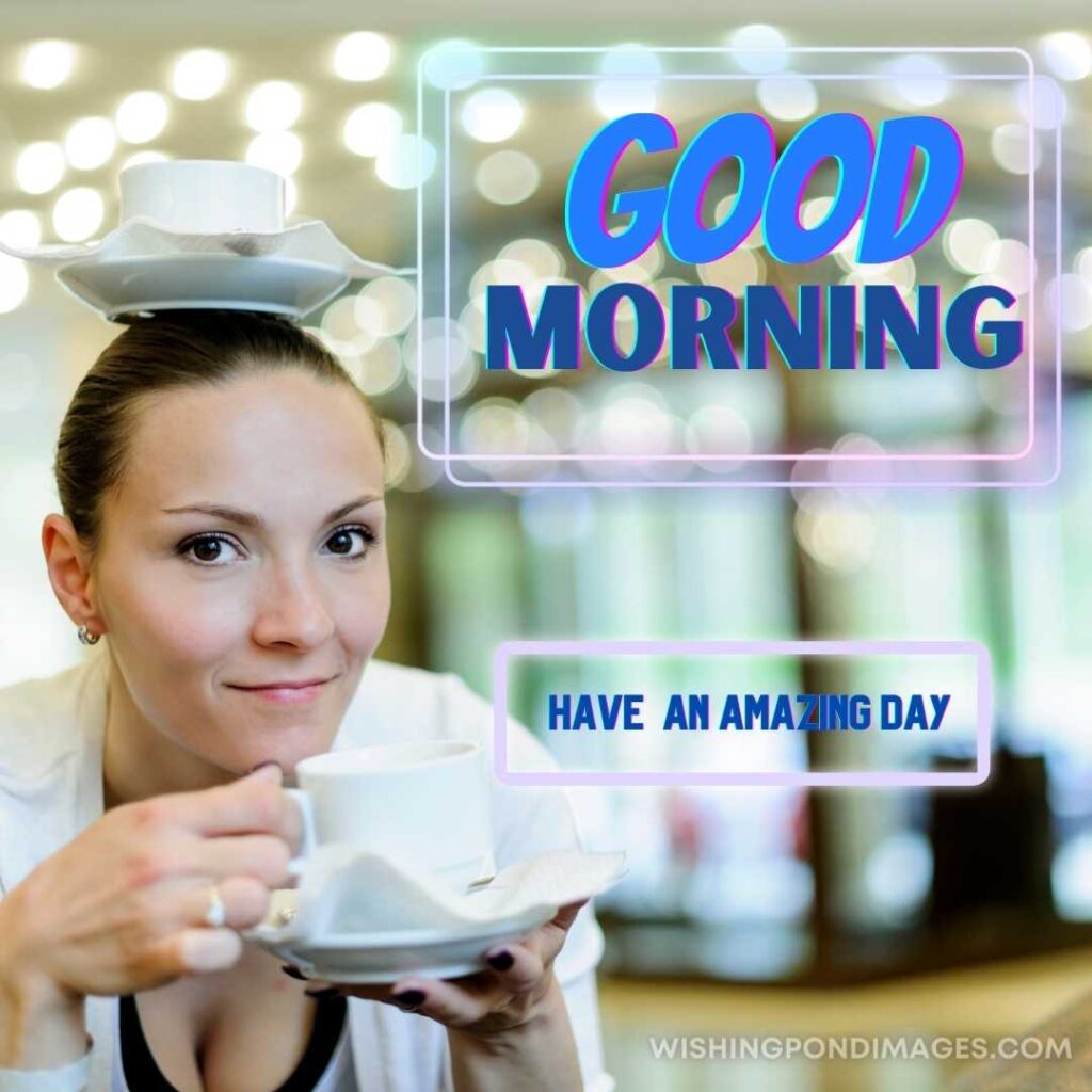 Young woman portrait holding coffee in hand and on her head. Good Morning Coffee Images