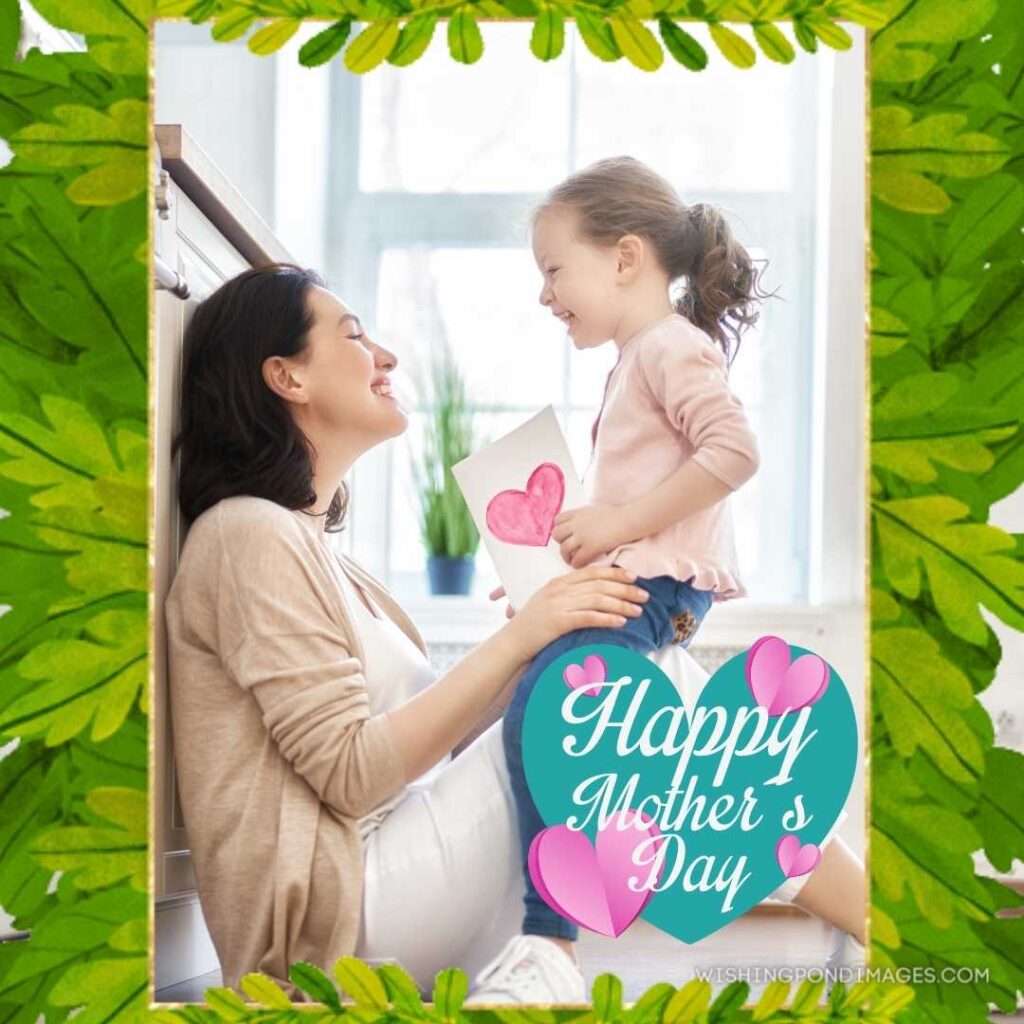 A cute little child daughter is congratulating mom and giving her postcard. Happy Mothers Day images