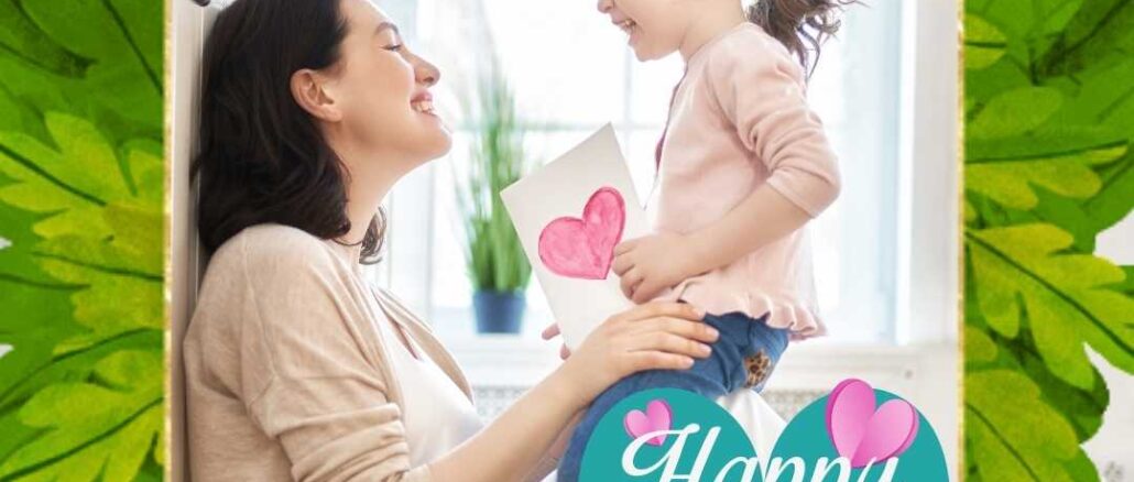 A cute little child daughter is congratulating mom and giving her postcard. Happy Mothers Day images