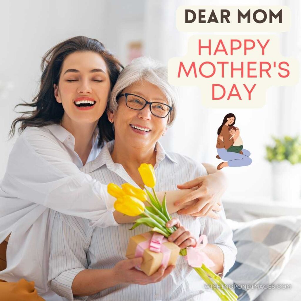 Beautiful young woman and her mother flowers tulips in hands at home. Happy Mothers Day images