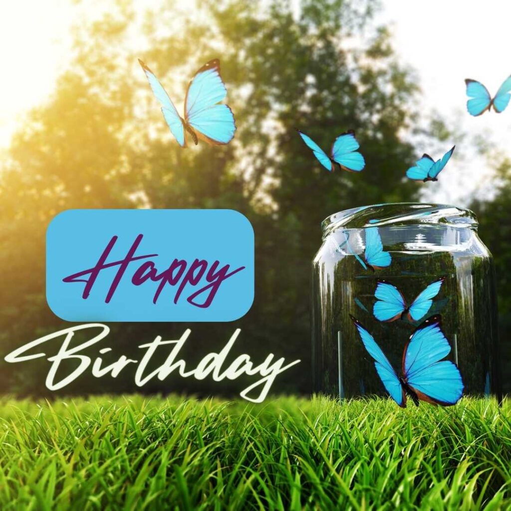 Butterflies flying from the glass jar on nature background. Happy birthday butterflies images