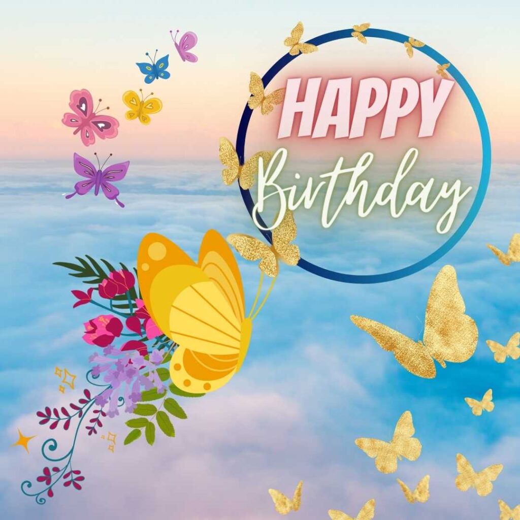 Butterfly frame on sky background. Happy birthday butterfly images