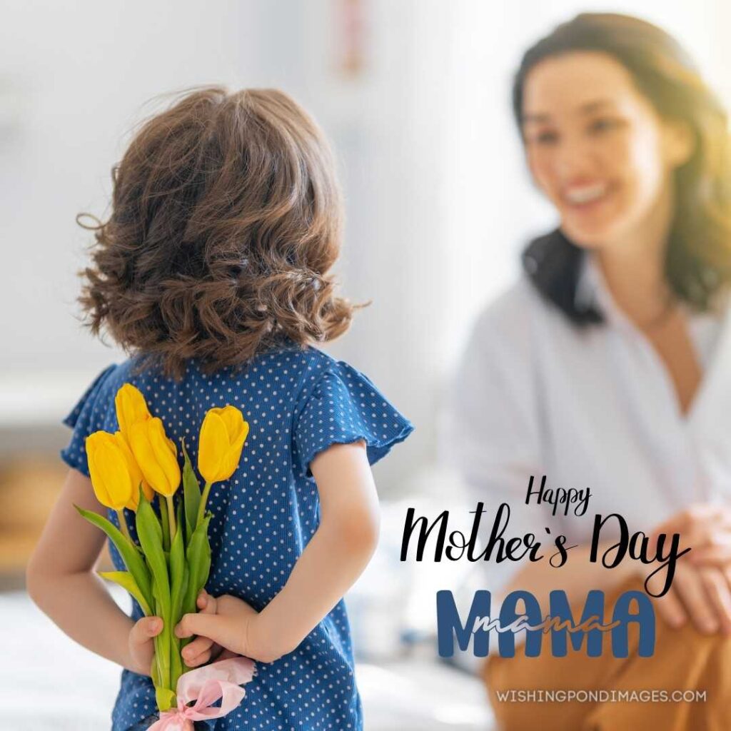 Child daughter congratulates mom and gives her flowers. Happy Mothers Day images