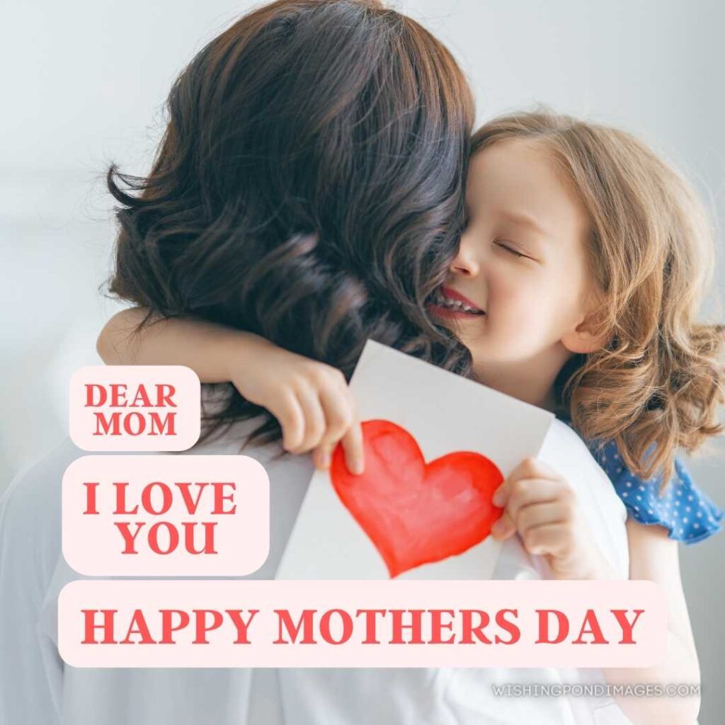 Child daughter is congratulation mom and giving her postcard when hugging each other. Happy Mothers Day images