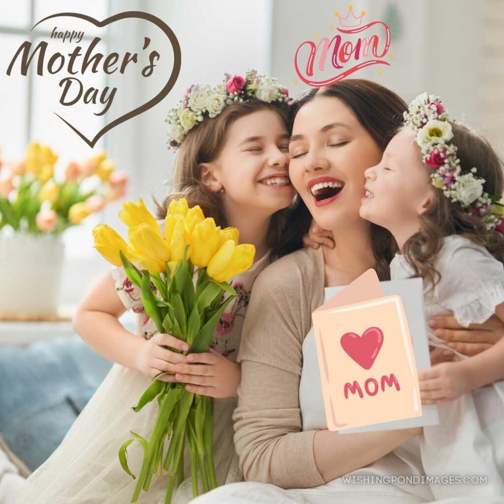 Children congratulating their mom and smiling and hugging each other. Happy Mothers Day images