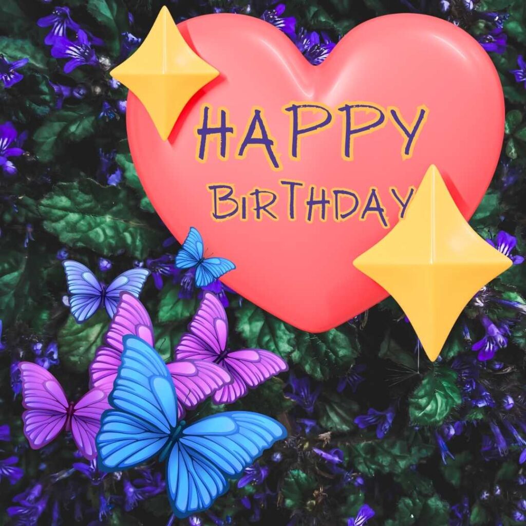 Colored butterflies with heart-shaped frame on nature background. Happy birthday butterfly images