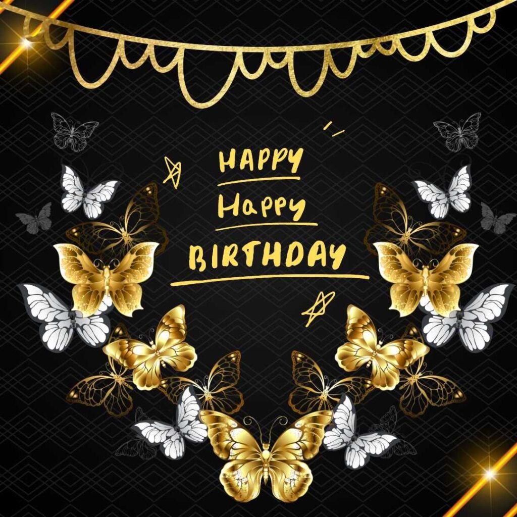 Golden-white butterflies with decorations on dark glittery golden background. Happy birthday butterfly images