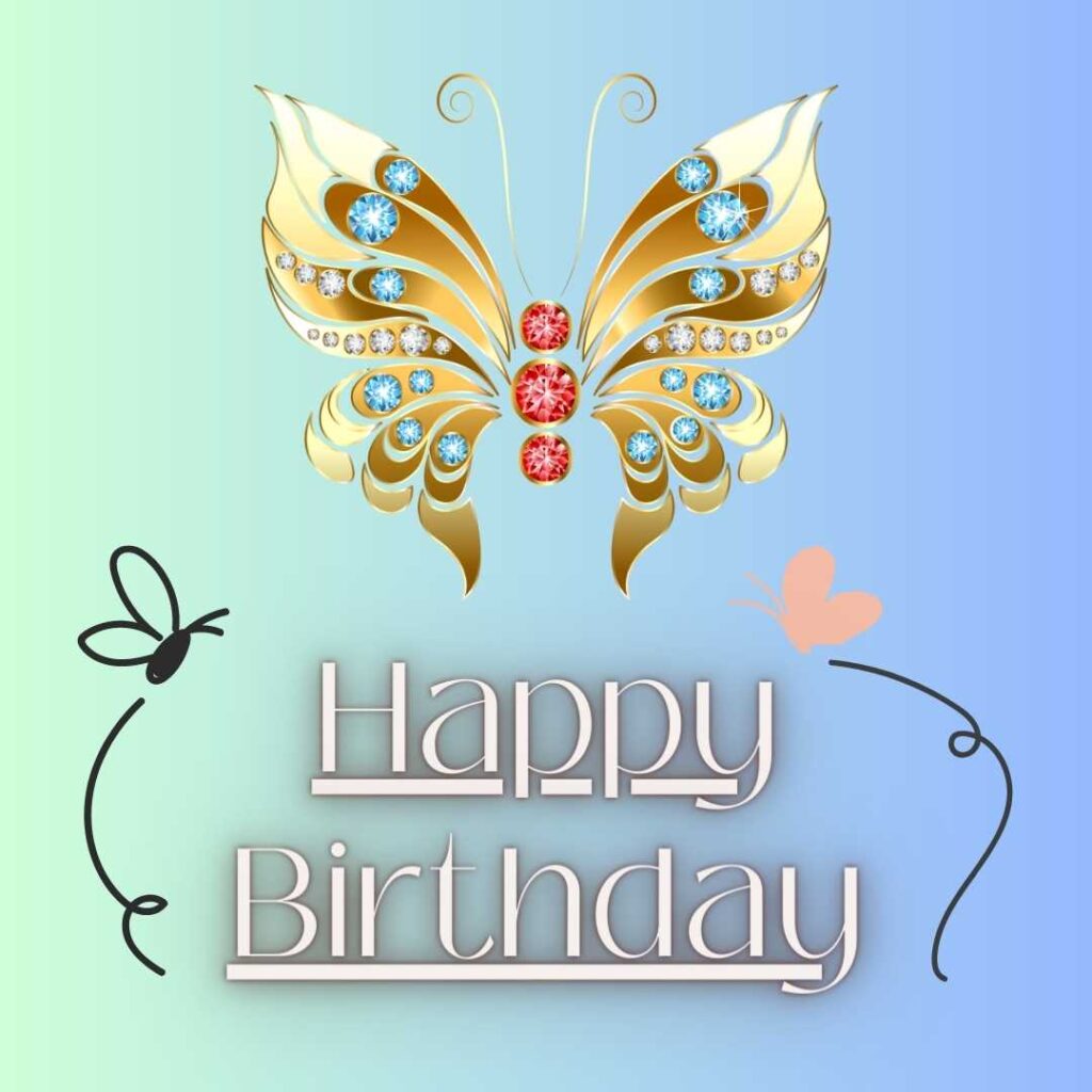 Green blue color background with golden glittery butterfly. Happy birthday butterfly images