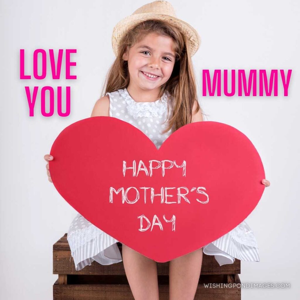 Happy girl with a red heart on white background. Happy Mothers Day images