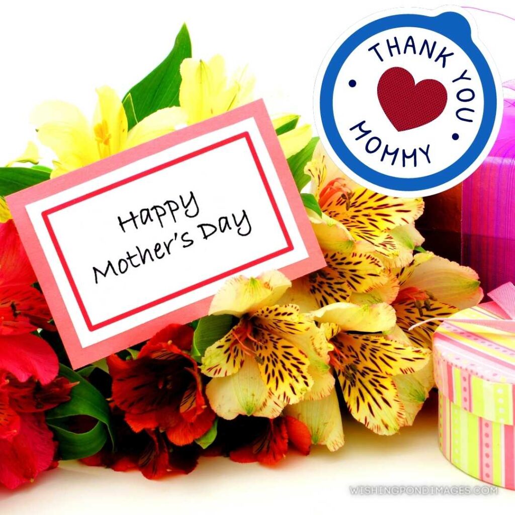 Happy mother's day card with colorful flowers and gift boxes on white background. Happy Mothers Day images