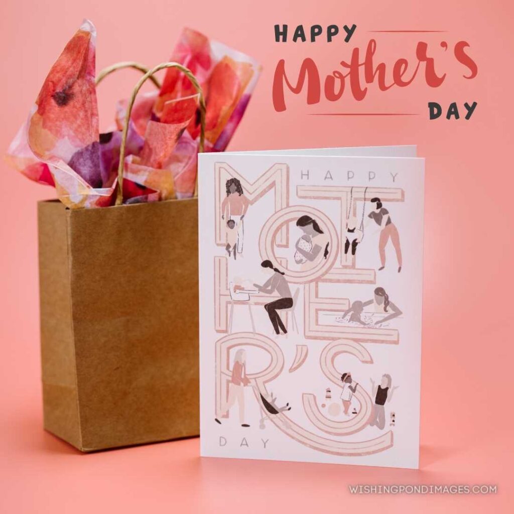 Happy mother's day card with little shopping bag of flowers in it on peach-colored background. Happy Mothers Day images