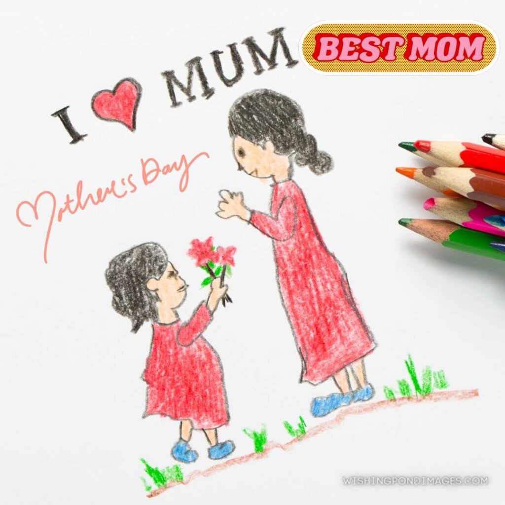 Kid drawing of daughter giving flowers to her mother for happy mother's day. Happy Mothers Day images