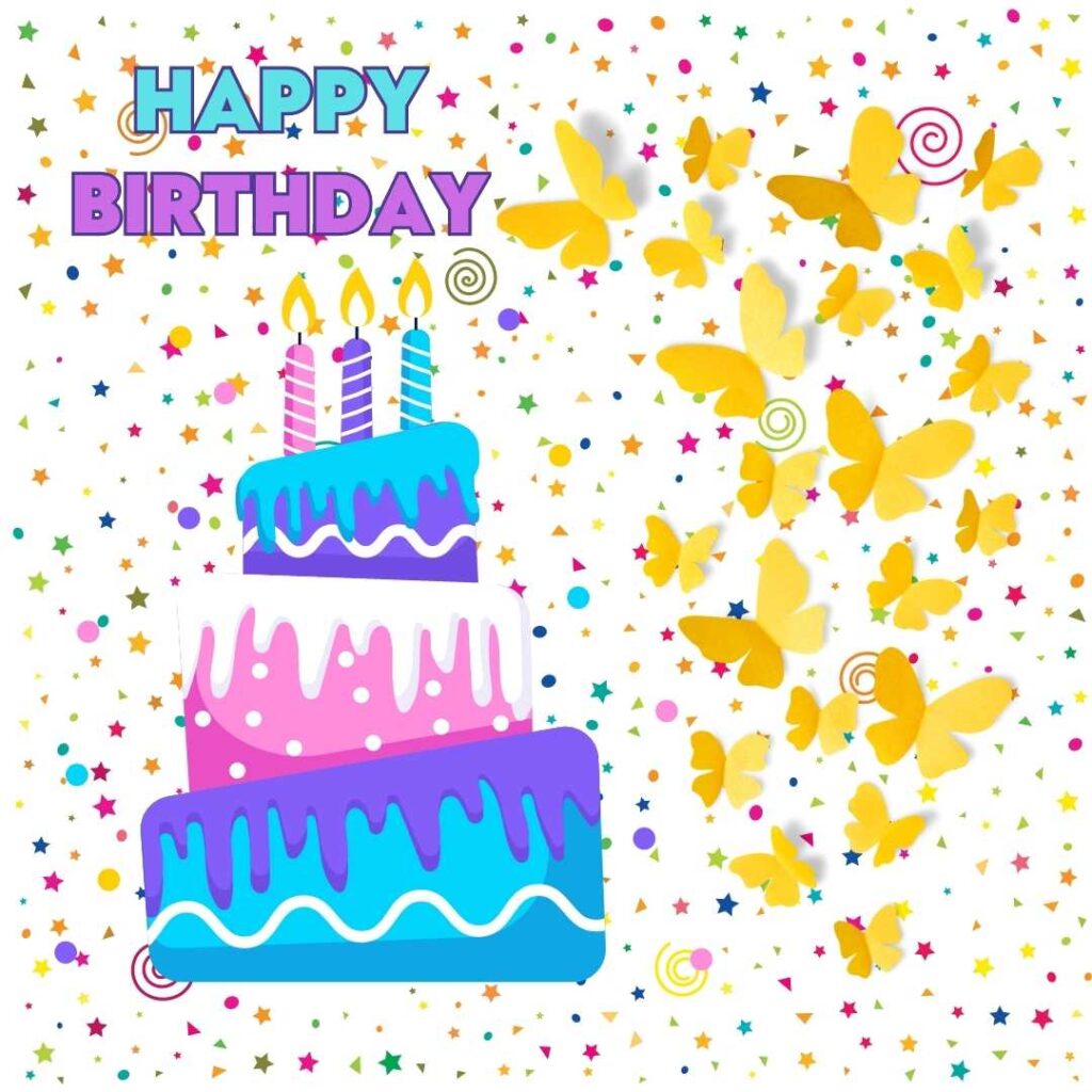 Layered cake with candles with gold butterflies on Colorful glittery background. Happy birthday butterfly images