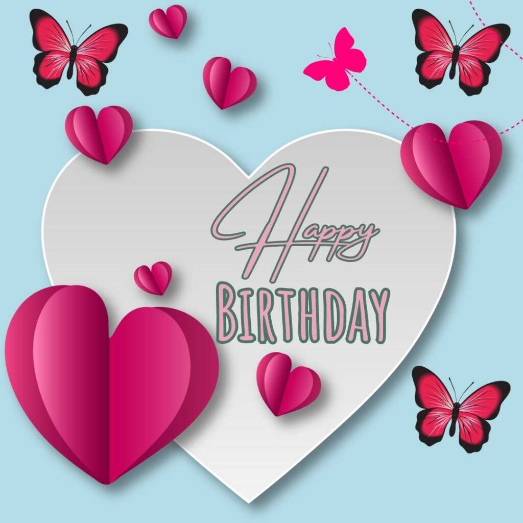 Light blue background with pink hearts and butterflies. Happy birthday butterfly images
