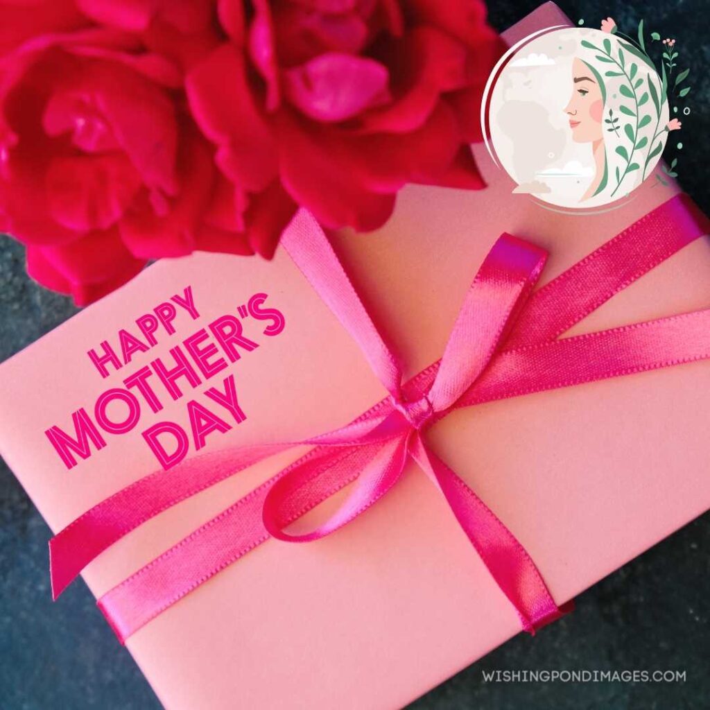 Pink mothers day present with rose bouquet and text. Happy Mothers Day images