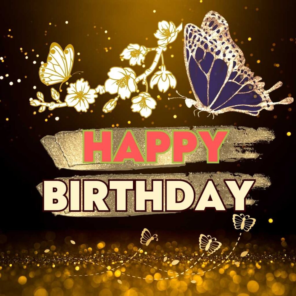 Purple-golden butterfly on glittery golden background. Happy birthday butterfly images