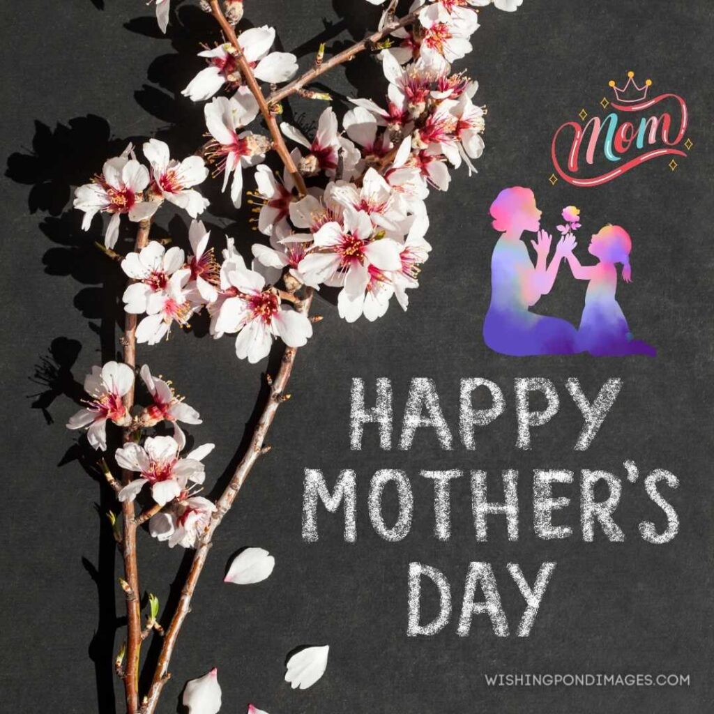 Spring flowers and text happy mother's day on blackboard background. Happy Mothers Day images