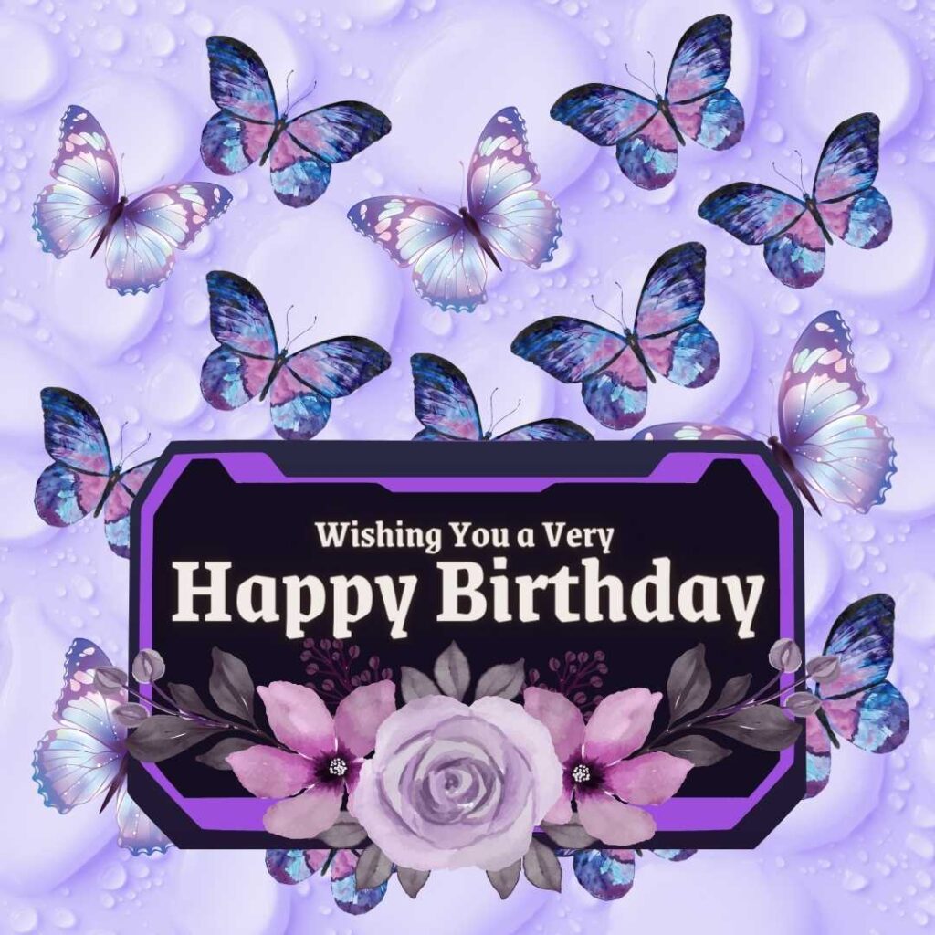 Waterdrop purple background with purple-colored butterflies. Happy birthday butterfly