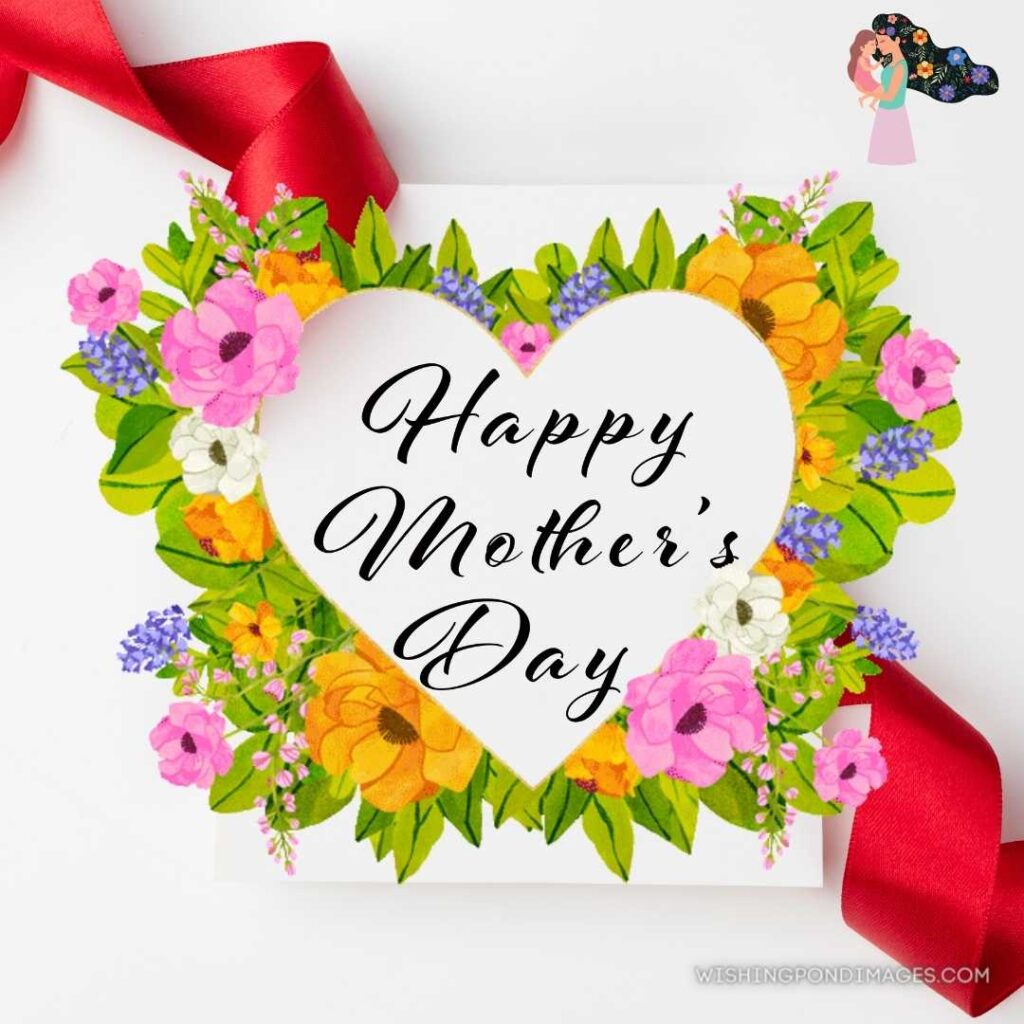 White greeting card with happy mothers day text on white background wrapped with a red ribbon. Happy Mothers Day images