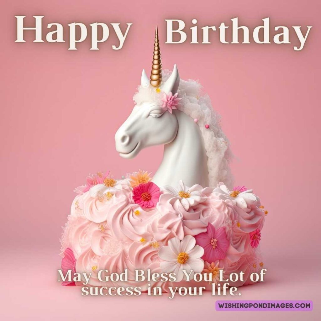 A beautifully customized unicorn cake with flowers on a peach-colored background. Happy birthday cake flowers images