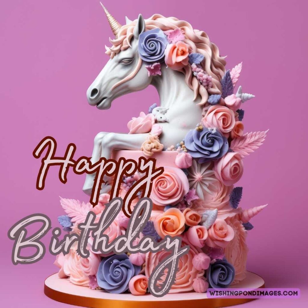 A beautiful customized unicorn two-layered pink cake with flowers. Happy birthday cake flowers images