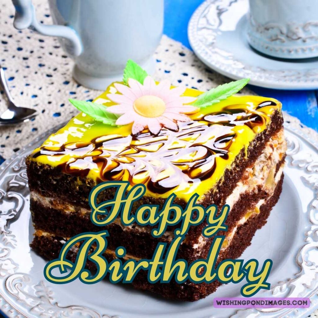 A beautiful square-shaped chocolate cake with flowers on top sitting on the plate. Happy birthday cake flowers images