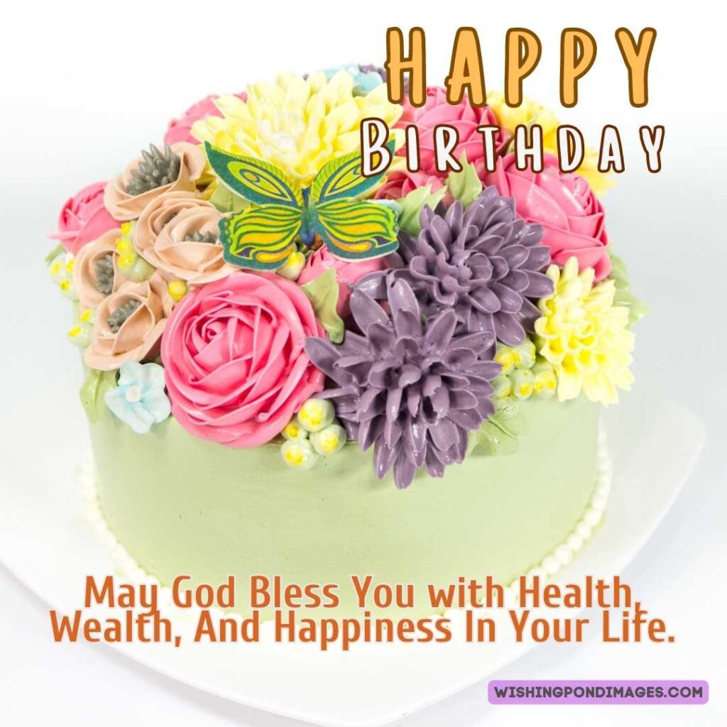 A min colored beautiful cake with colorful flowers and butterfly on white background. Happy birthday cake flowers images