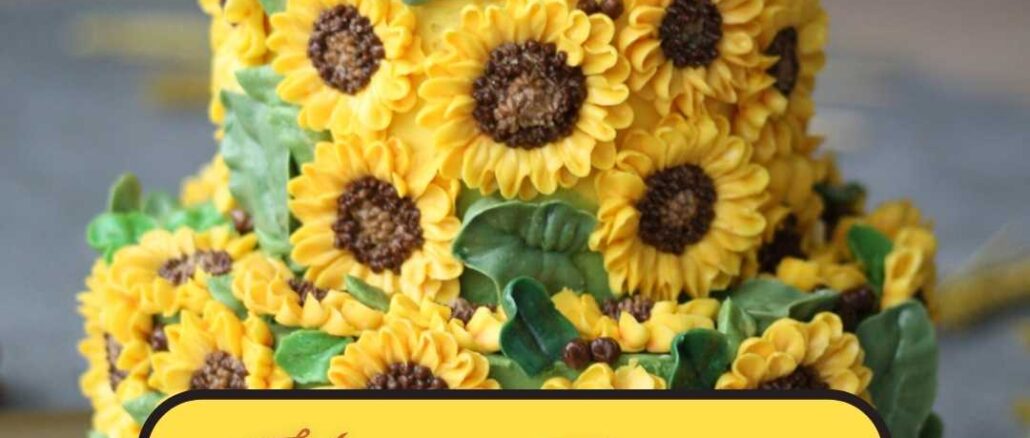 A two-layered sunflower flower cake sitting on the golden surface table. Happy birthday cake flowers images